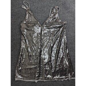 Free People Dress Womens Large Silver Sequin V Neck Slip Mini Party Cocktail